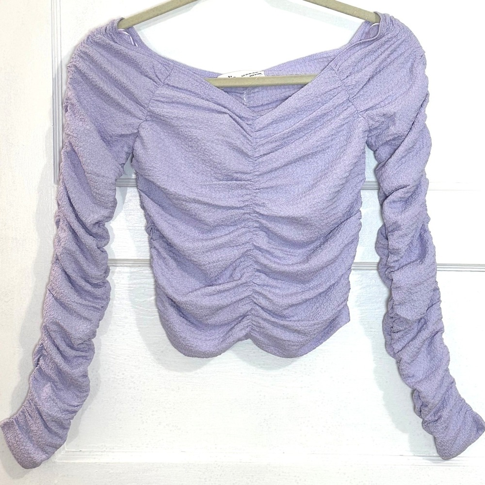 Elodie Lavender Ruched Textured Long Sleeve Crop Top‎ Sweetheart Neckline XS